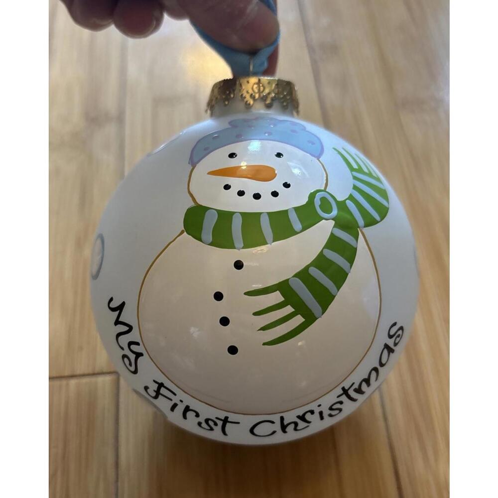 ORNAMENT MY FIRST CHRISTMAS WHITE WITH SNOWMAN BLUE HAT COTON COLORS NEW